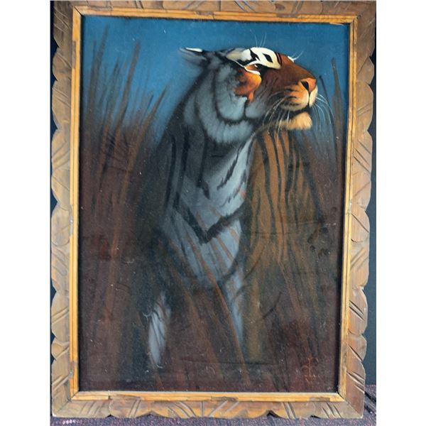 Velvet Tiger Painting Signed O'Conner with Wood Carved Frame