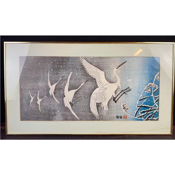 Framed Japanese Woodblock Print of Flying Cranes