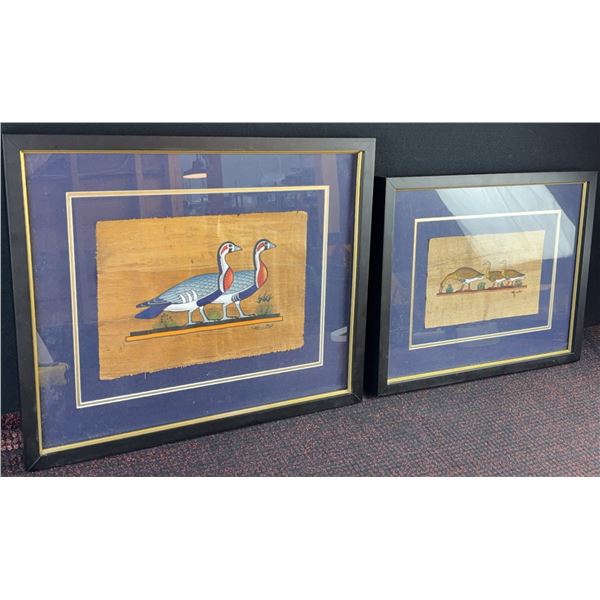 Framed Egyptian Papyrus Bird Paintings Signed MA