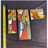 Image 6 : 3 Abstract Painted Wood Panels in Blue Plastic Case