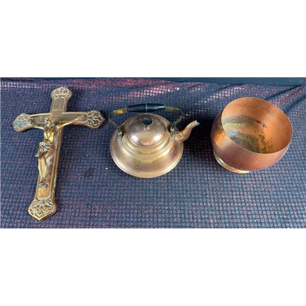 Brass Crucifix and Copper Teapot with Bowl, Marked