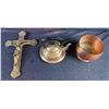 Image 1 : Brass Crucifix and Copper Teapot with Bowl, Marked