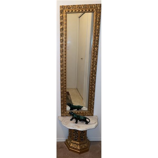 Wall Mirror with Gold Frame and Marble-Top Stand