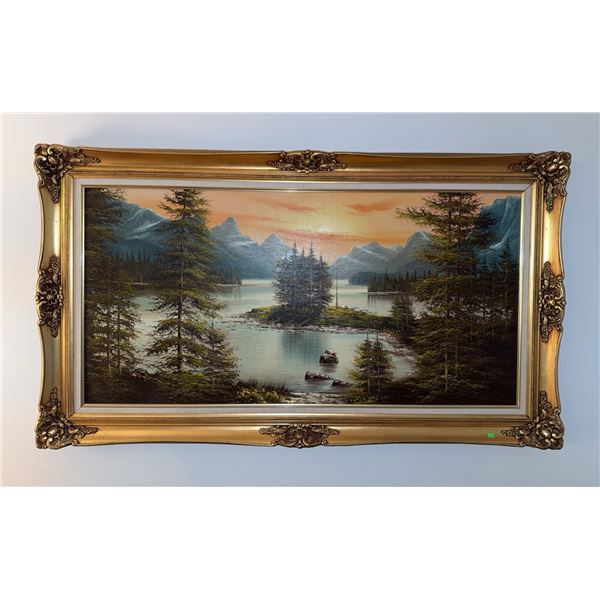 Framed Landscape Oil Painting with Mountains and Lake