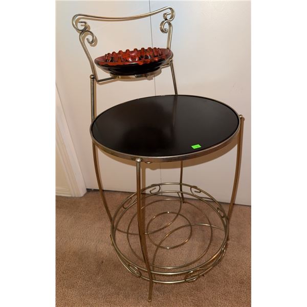 Metal and Wood Plant Stand with Red Ceramic Bowl