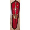 Image 5 : Wall-Mounted Red Metal Fireplace with Decorative Crest and Matching Sword Plaques