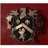 Image 8 : Wall-Mounted Red Metal Fireplace with Decorative Crest and Matching Sword Plaques