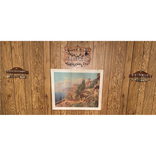 36 Decorative Souvenir Spoons with Wall Racks and Framed Print