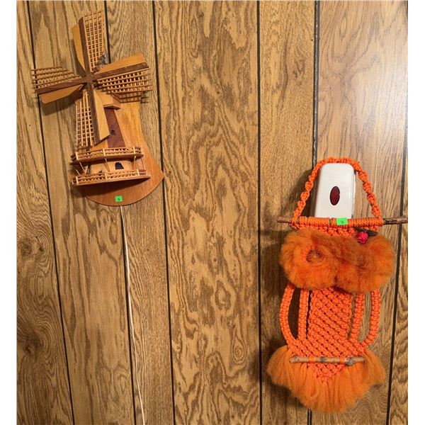 Wood Wall Hanging Windmill and Macramé Owl Decor Pair