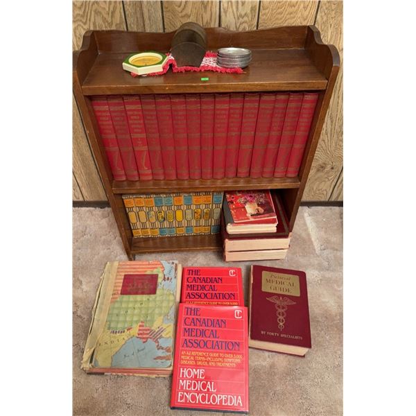 Wooden Bookshelf with Encyclopedias, Medical Guides, Young Folks Library, and Coasters