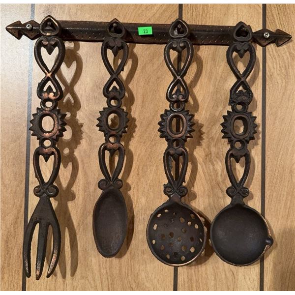 Cast Iron Wall-Mounted Utensil Set with Decorative Rack