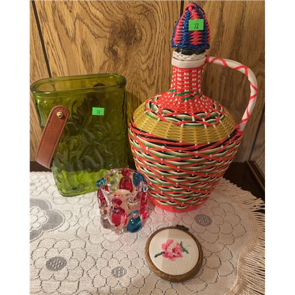 Household Decorative Items Including Glass Jug, Glass, and Trinket Box