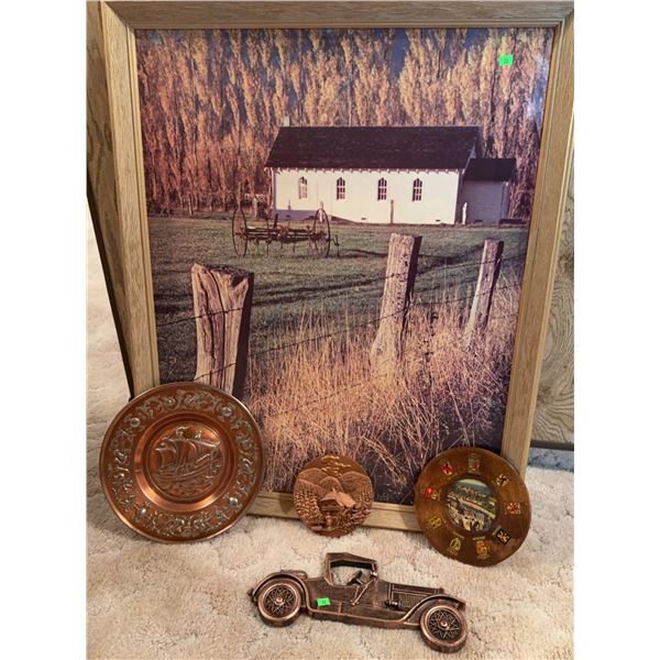 3 Decorative Metal Plates, Car Wall Plaque, and Framed Rural Print