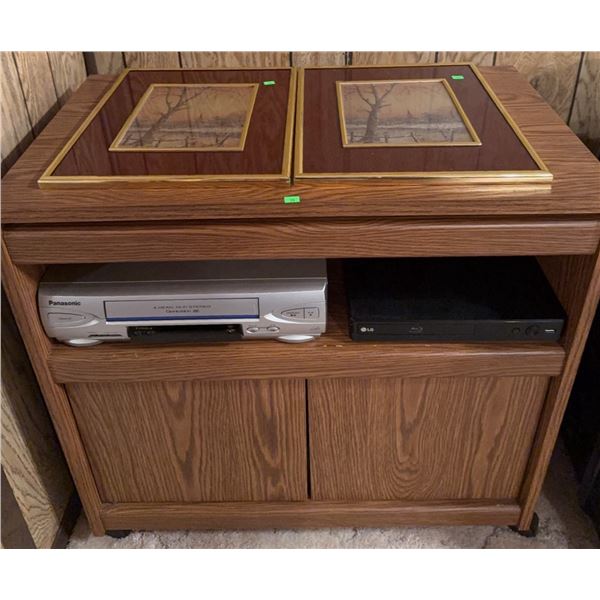 Panasonic VHS Player, LG DVD Player, Wood Cabinet and Framed Prints