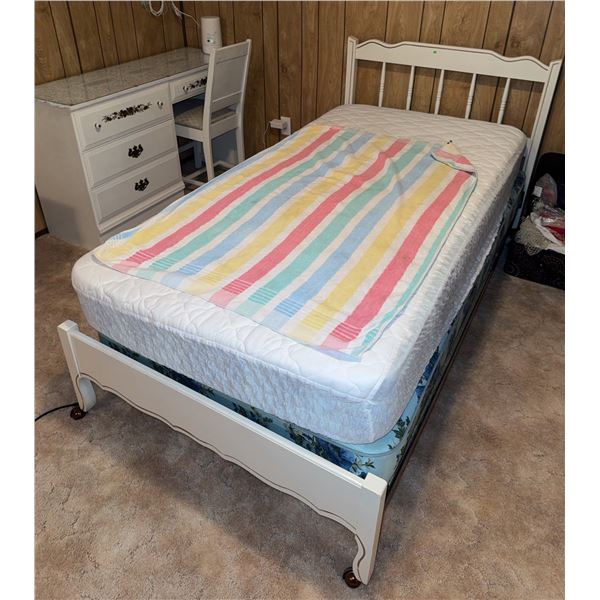Single Bed Frame with Mattress, Box Spring, Dresser, and Chair Set