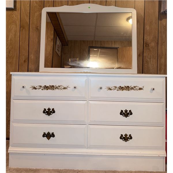 White Painted Dresser and Chest Set with Floral Trim and Mirror
