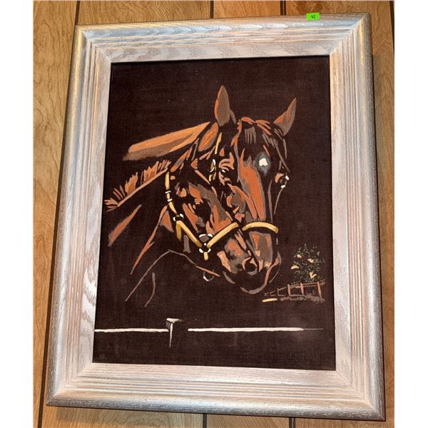 Framed Velvet Painting of Two Horses