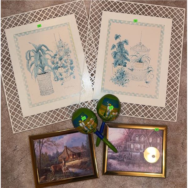 Framed Artwork and Painted Maracas Lot