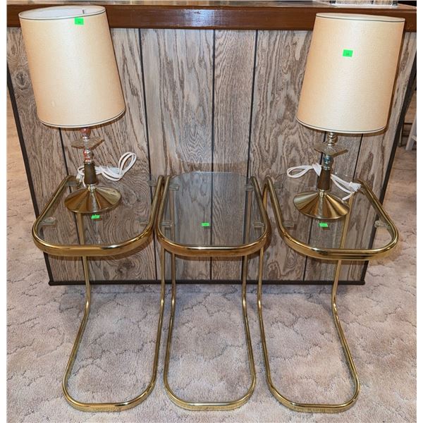 Three Brass and Glass Side Tables with Two Table Lamps