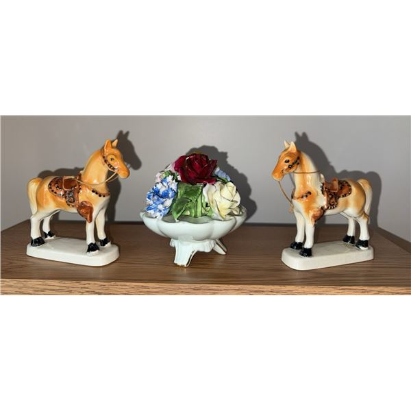 Ceramic Horse Figurines and Coalport 'Rochelle' Bone China Floral Arrangement