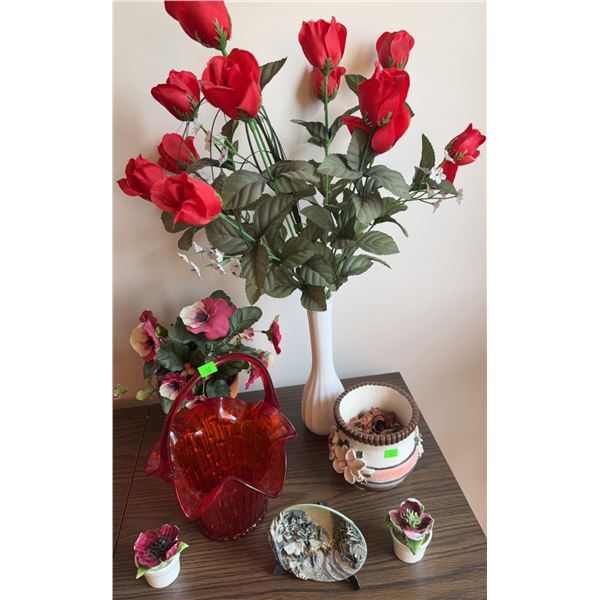 Decorative Items Including Red Glass Basket