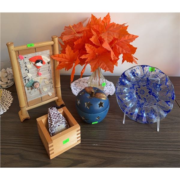 Decorative Mixed Lot: Blue Glass Bowl, Faux Leaf Arrangement, Bamboo Frame Art, Apple-Shaped Candle/