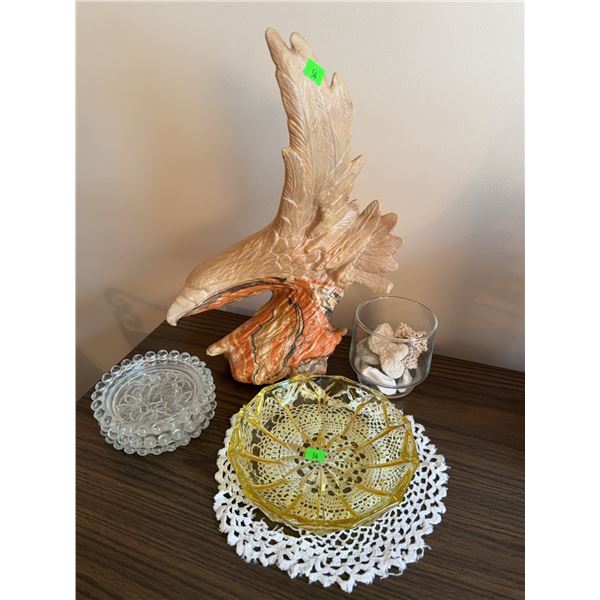 Decor Lot: Ceramic Eagle, Glass Plates, Votive Holder