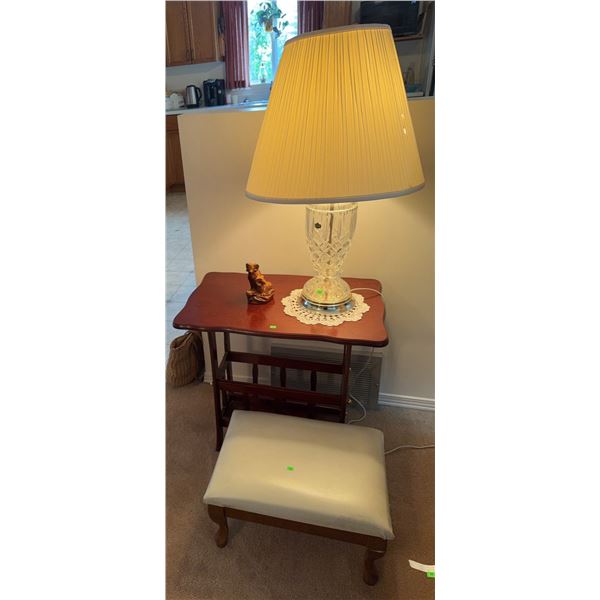 Table Lamp with Cut Glass Base, Wood Side Table and Vinyl Bench
