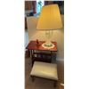 Image 1 : Table Lamp with Cut Glass Base, Wood Side Table and Vinyl Bench
