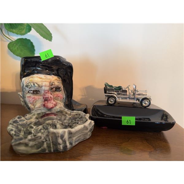 Ceramic Bearded Man Ashtray and Diecast Model Car on Ceramic Tray