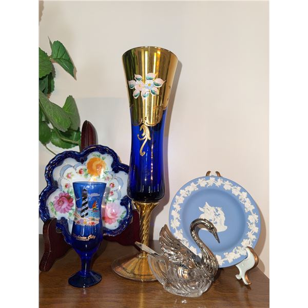 Decorative Tableware Including Blue Glass, Jasperware, and Crystal Swan