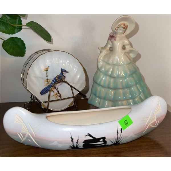 Porcelain Lady Figurine and Blue Jay Shell-Shaped Plate Set