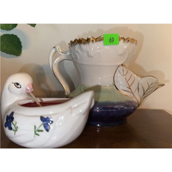 Ceramic Pitcher with Leaf Detail and Bird-Shaped Porcelain Candle Holder