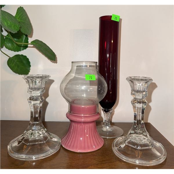 Glass Candle Holders, Red Glass Vase, and Hurricane Lamp