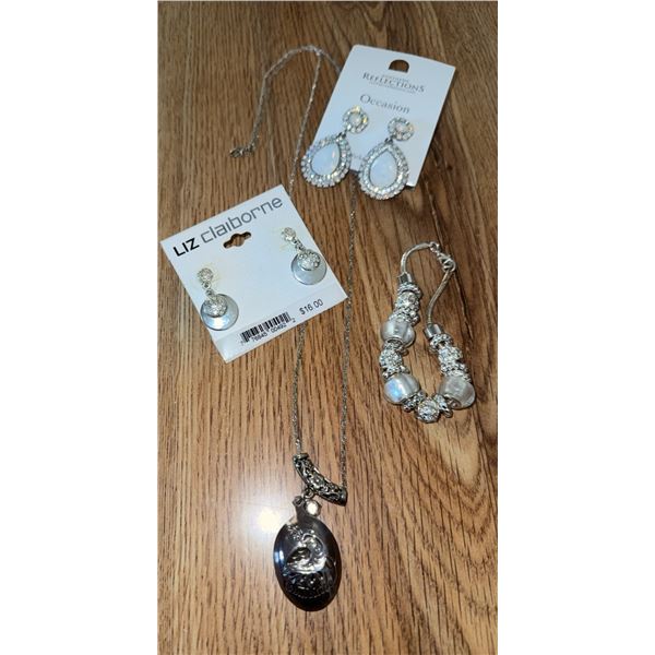 Costume Jewellery Lot: Bracelet, Two Earrings Sets, Engraved Pendant Necklace