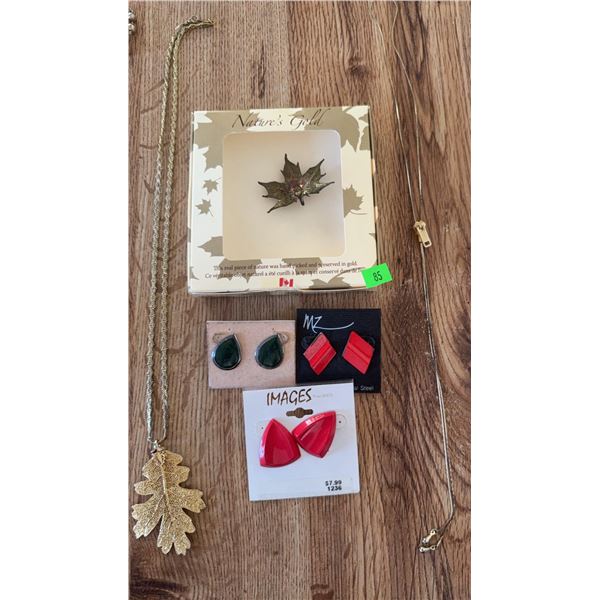 Jewellery with Leaf Pendant Necklaces, Maple Leaf Brooch, and Earrings