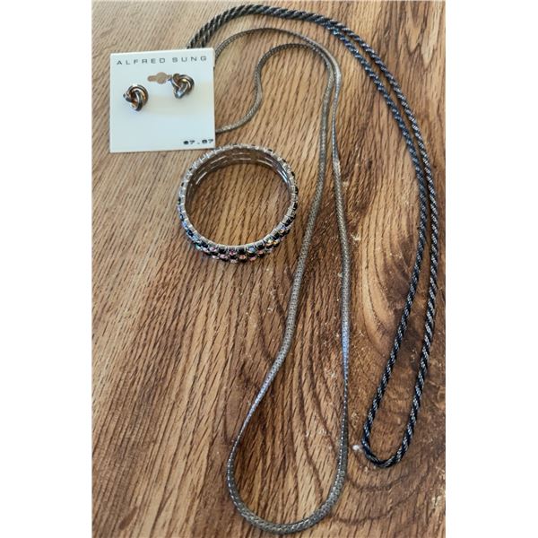 Alfred Sung Clip-On Earrings, Rhinestone Bracelet, and Two Necklaces