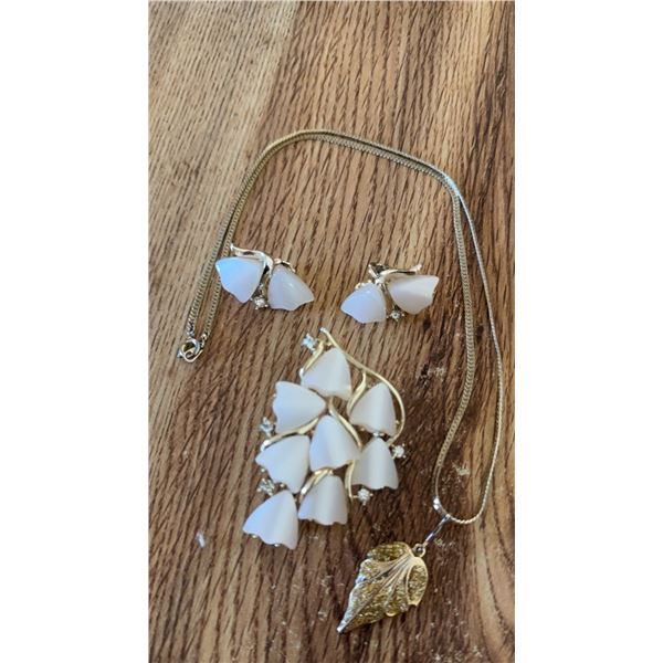 Gold Tone Costume Jewelry Set with White Enamel Accents