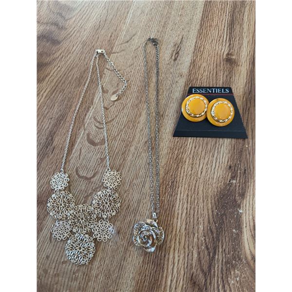 Costume Jewelry Lot: Two Necklaces and Essentiels Clip-On Earrings