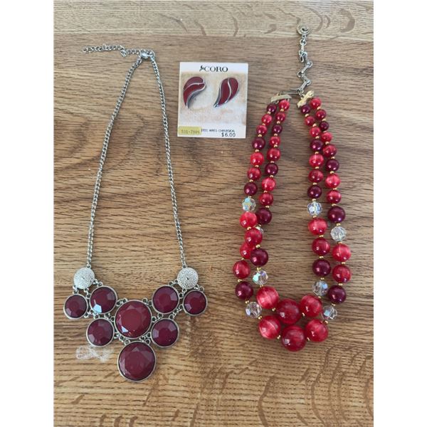 Red Tone Necklaces and Coro Earrings Set
