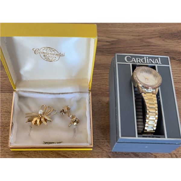Continental Cultured Pearl Brooch and Earring Set with Cardinal Watch