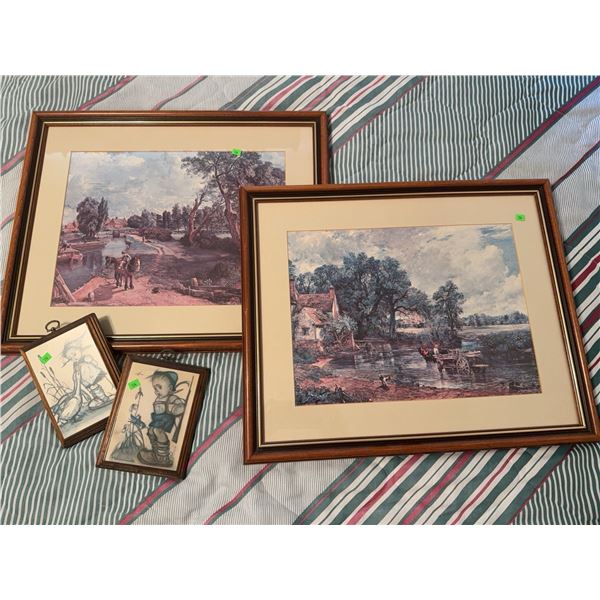 Framed Landscape Prints and Hummel Style Wall Plaques, Set of Four
