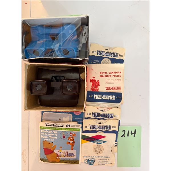 Vintage View-Master Lot 3D Viewers Brown Bakelite Model E Blue Plastic Reels Set