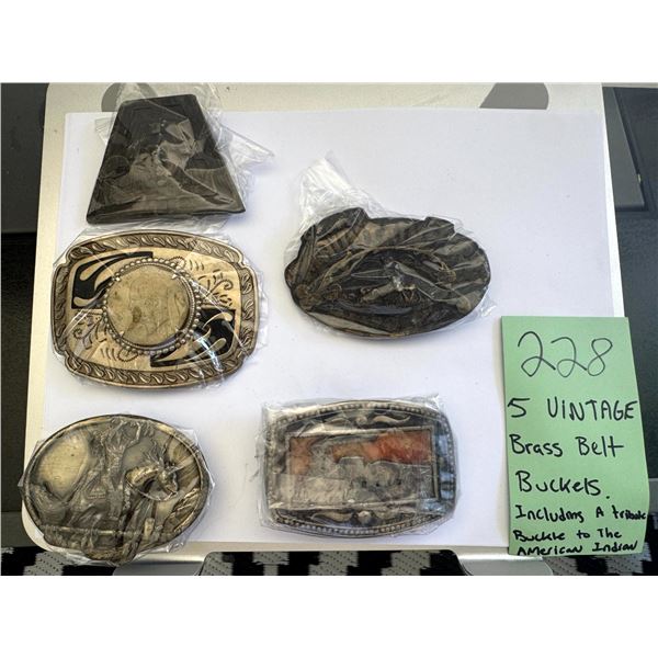 Vintage Brass Belt Buckles Lot 5 Western Cowboy Native American Indian Chief Gift