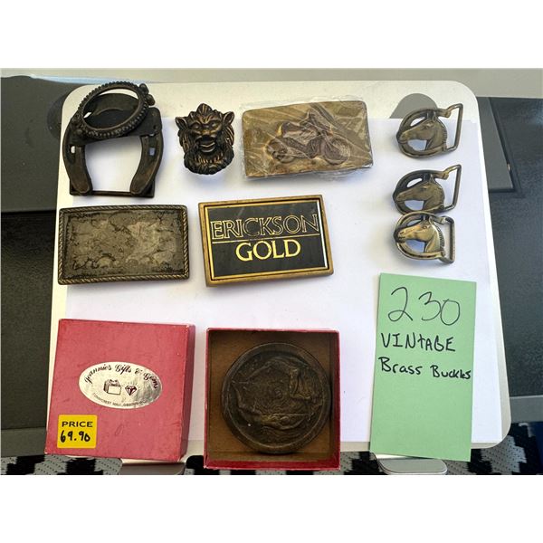 Vintage Brass Belt Buckles Lot 9 Erickson Gold Motorcycle Horse Head Lion Western