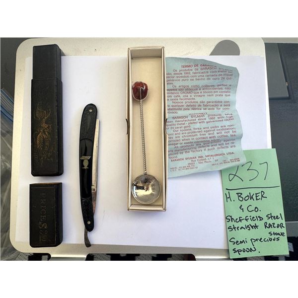 H Boker Co Sheffield Straight Razor Vintage Barasch Sylmar Gemstone Spoon Lot