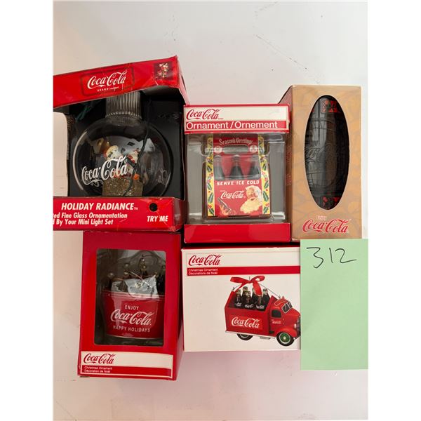 Coca Cola Christmas Ornament Lot Holiday Radiance Glass Delivery Truck Santa 5pc
