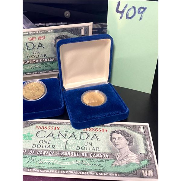 Coin and Cash currency lot 2 canadian 1 dollar coins and 2canadian 1 dollar bills