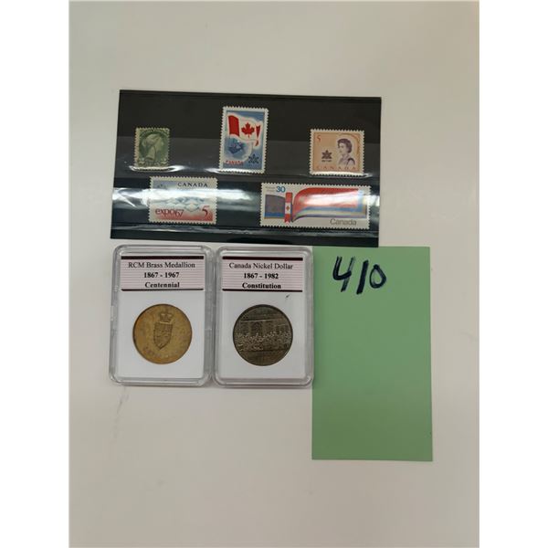 Canada Coin Stamp Lot 1982 Constitution Dollar 1967 Centennial Brass Medal Expo