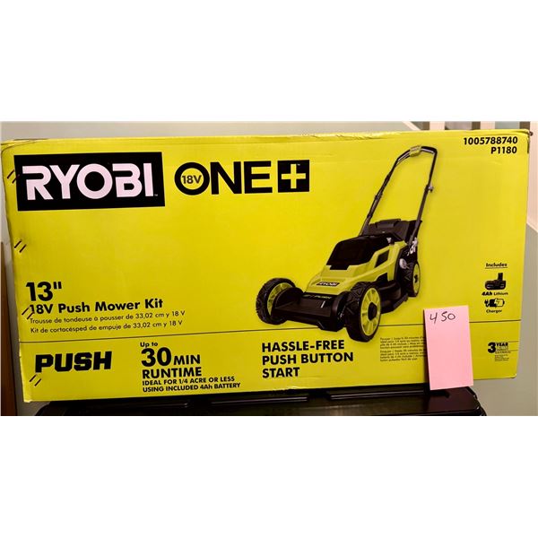 Ryobi ONE+ 18V 13 in Cordless Battery Walk Behind Push Lawn Mower Kit P1180 New